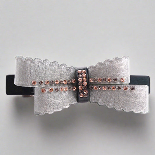 Gorgeous new arrival French rhinestone bow barrettes  Double leaf bow with rhinestone crystal detail. Perfect for daily life, parties, gifts and formal events    Size: 8.2cm x 3.2cm    Material: Acrylic acetate (eco-friendly/recyclable) & zinc alloy clip