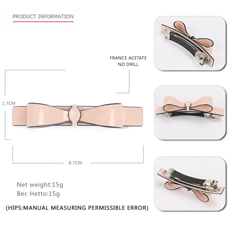French bow barrettes hair clips.  This classic, petty ultra feminine style is a wardrobe style staple. Zoozh up any do and look effortlessly chic with a simple acetate bow barrette.