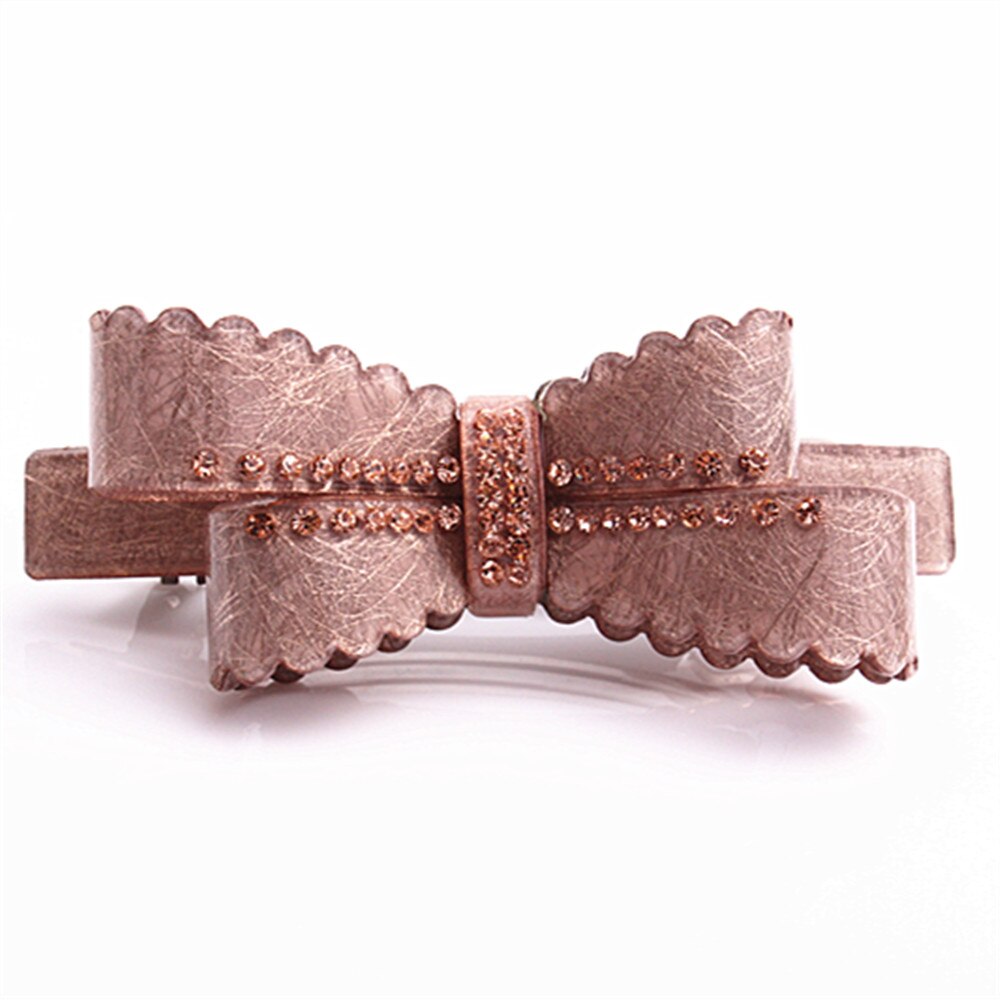 Gorgeous new arrival French rhinestone bow barrettes  Double leaf bow with rhinestone crystal detail. Perfect for daily life, parties, gifts and formal events    Size: 8.2cm x 3.2cm    Material: Acrylic acetate (eco-friendly/recyclable) & zinc alloy clip